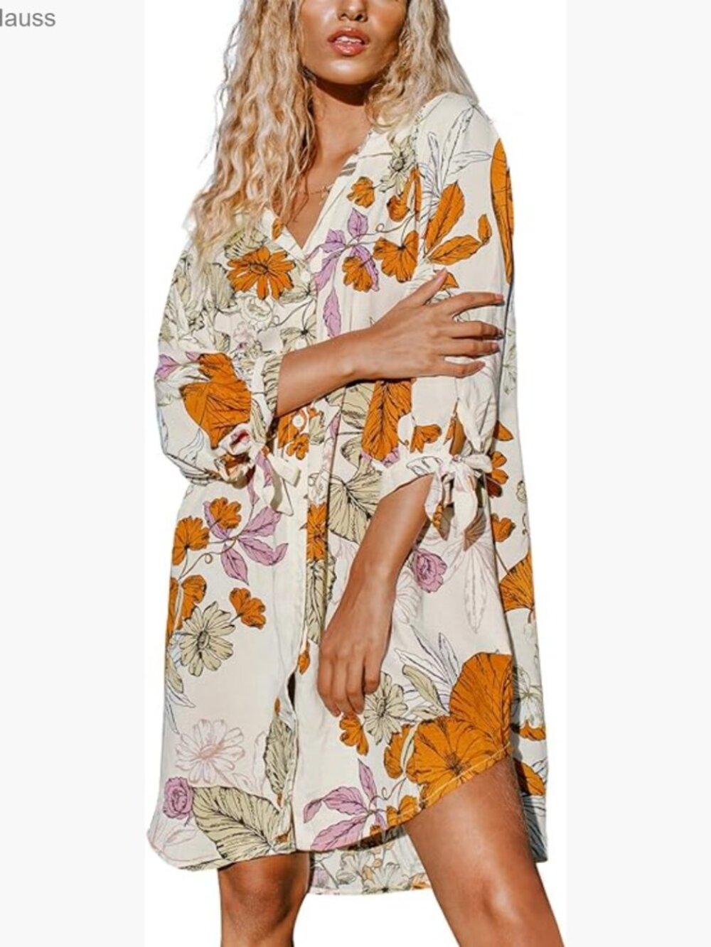 Floral Mini Dress 3/4 Sleeve Button Down Beach Cover Up Loose Fit